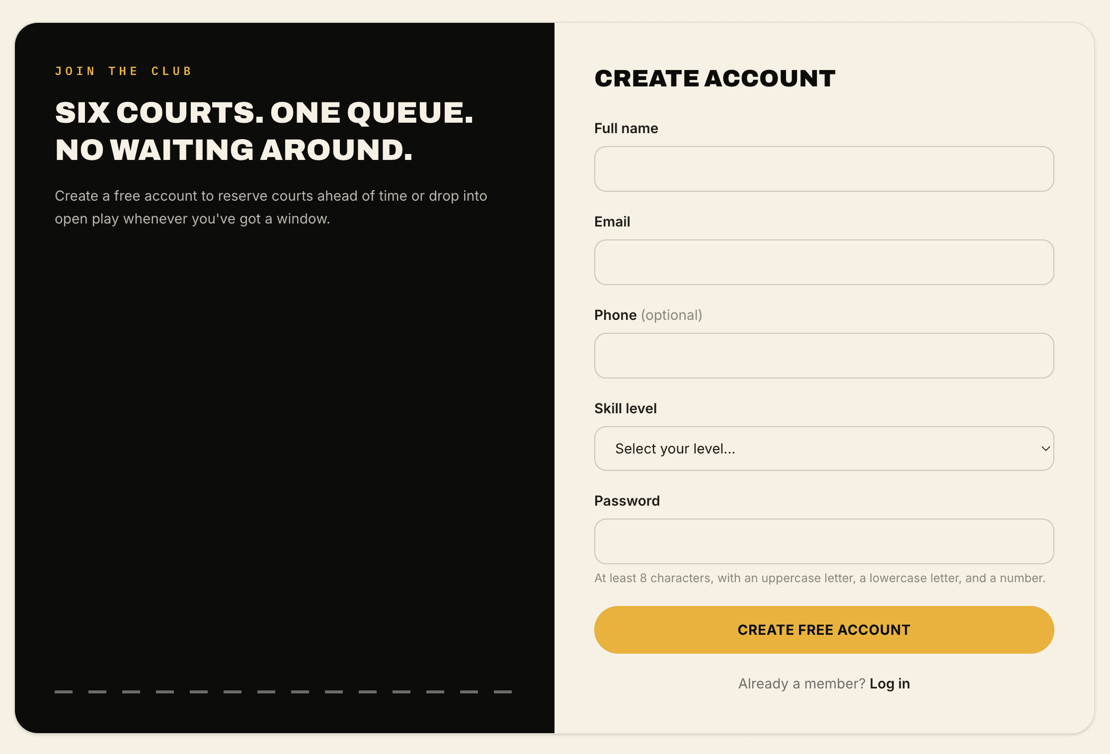 Stackr's signup screen, running live on the RallyPoint demo club